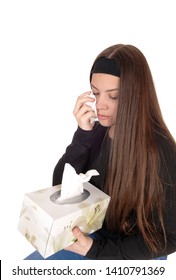 A Beautiful Young Teen Girl Crying With A Tissue In Her Hand Wiping The
Tears Of, And Holding The Kleenex Box, Isolated For White Background
