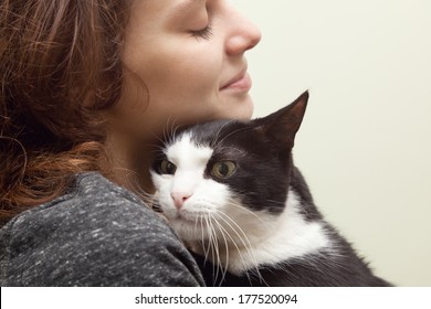 Beautiful Young Woman 20 Years  With Monochrome Black And White Cat