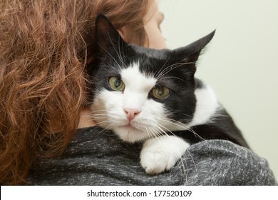 Beautiful Young Woman 20 Years  With Monochrome Black And White Cat