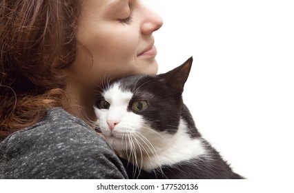 Beautiful Young Woman 20 Years  With Monochrome Black And White Cat