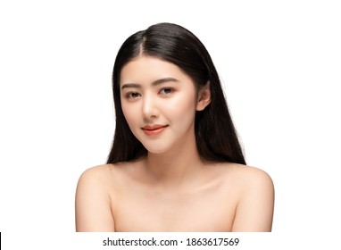 Beautiful Young Woman Asian With Clean Perfect Skin. Portrait Model Natural Make Up. Spa, Skincare And Health Wellness