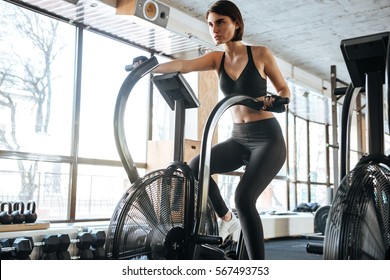 Beautiful young woman athlete sitting and training on bike in gym - Shutterstock ID 567493753