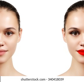 Beautiful young woman before and after make-up applying. Comparison portrait. Two parts of model face with and without makeup. Two parts of face, with bright make up and natural