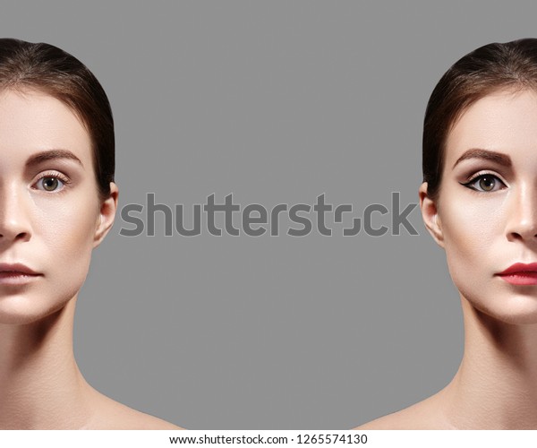 Beautiful\
Young Woman Before and After Makeup. Comparison Portrait of Two\
Parts of Face. Girl with and without\
Make-up.