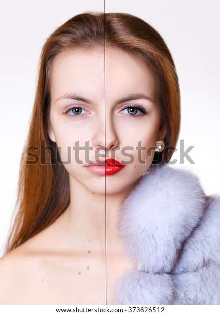 Beautiful young woman before and after make up\
applying isolated on white background. Comparison portrait of two\
parts of model girl face - with and without makeup. Girl before and\
after make-up apply