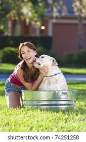 A Beautiful Young Woman Being Licked By Her Pet Dog, A Bulldog, While Washing Him Outside In A Metal Tub