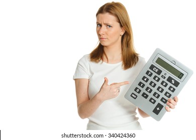 beautiful young woman with big calculator