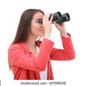 Beautiful young woman with binocular on white background - Powered by Shutterstock