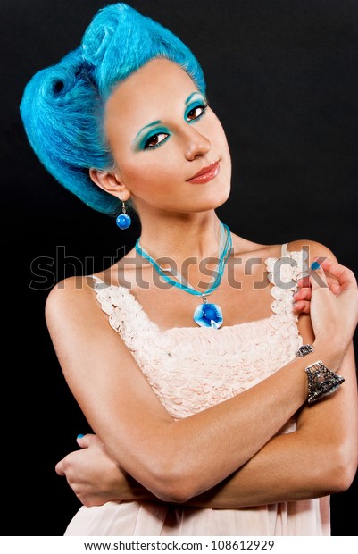 Beautiful Young Woman Blue Hair Pink Stock Photo Edit Now 108612929