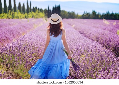 Beautiful young woman in boho-chic style dress and hat enjoying the stroll by blooming lavender fields in Provence, France in July. Summer vacations travel background.
