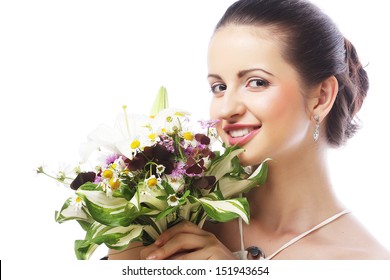 beautiful young woman with bouquet flowers