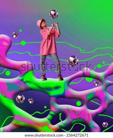 Beautiful young woman in casual stylish clothes dancing over abstract colorful background. Contemporary art collage. Concept of y2k style, futurism, creativity and inspiration, youth. Poster, ad