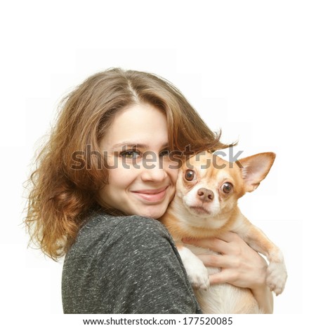 beautiful young woman with chihuahua dog isolated on a white background