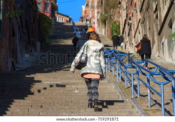 Beautiful Young Woman Climbs 374step Long Stock Photo Edit