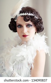 Beautiful Young Woman Close Up Portrait In Retro Flapper Style Vogue Style Vintage