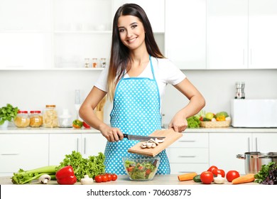 Beautiful Young Woman Cooking Salad Kitchen Stock Photo 706038775 ...