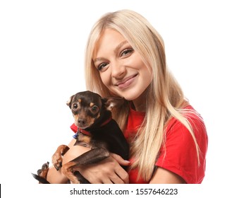 Beautiful Young Woman With Cute Toy Terrier Dog On White Background