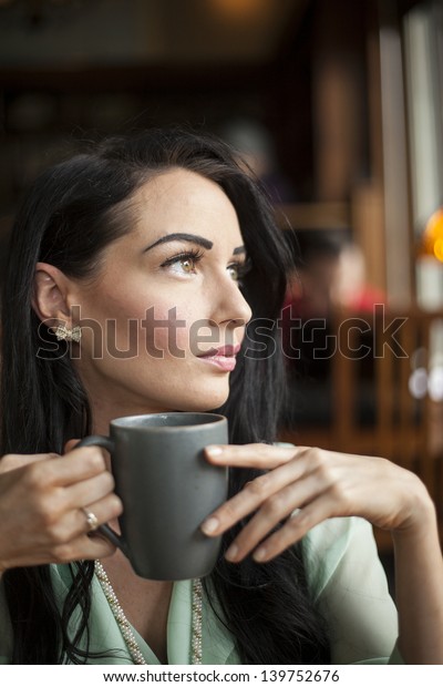 Beautiful Young Woman Dark Brown Hair Stockfoto Jetzt