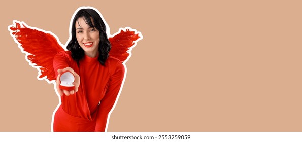 Beautiful young woman dressed as Cupid with engagement ring on beige background with space for text. Valentine's Day celebration