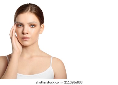 Beautiful young woman with dyed eyebrows on white background - Shutterstock ID 2110286888