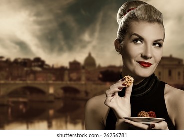 Beautiful Young Woman Eating Chocolate. Retro Portrait