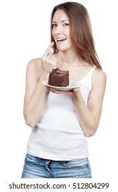 Beautiful Young Woman Eating Chocolate Cake