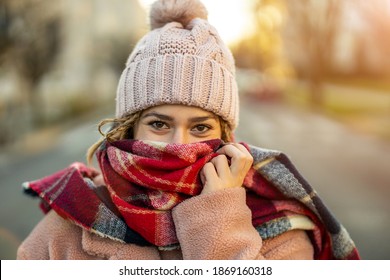 Beautiful Young Woman Feeling Cold In Winter 
