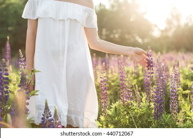 Beautiful Young Woman In Flower Field