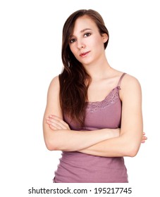 Beautiful Young Woman With Folded Arms, White Background