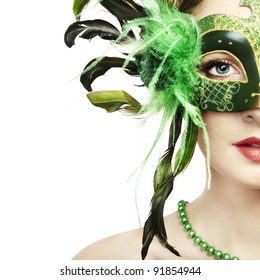 The Beautiful Young Woman In A Green Mysterious Venetian Mask