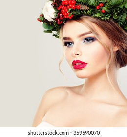 Beautiful Young Woman in Green Wreath
