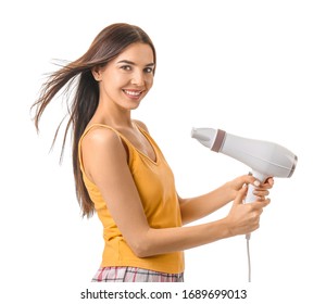 Beautiful Young Woman With Hair Dryer On White Background