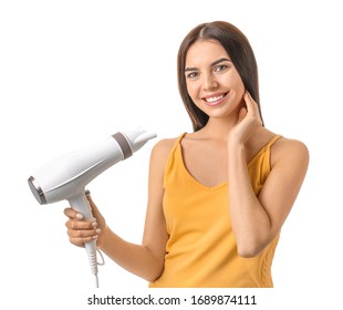 Beautiful Young Woman With Hair Dryer On White Background