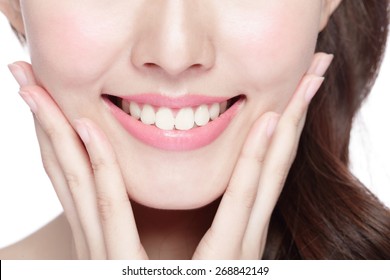 Beautiful Young Woman Health Teeth Close Up And Charming Smile. Isolated Over White Background, Asian Beauty