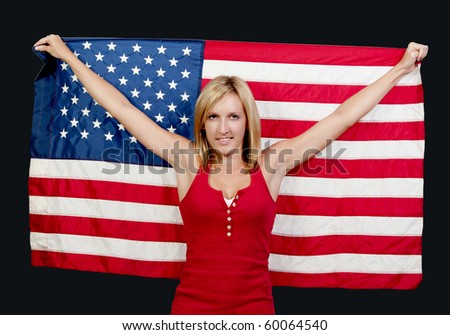 A beautiful young woman holding an American flag.