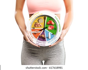 Beautiful, Young Woman Holding A Clock With Food Chart/eating Schedule 