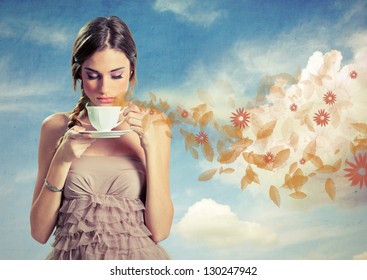 Beautiful Young Woman Holding A Cup Of Tea Over A Sky Background, Retro Style