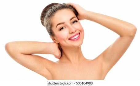 Beautiful Young Woman Holding Her Arms Up And Showing Clean Underarms. Armpit's Care. Armpit Epilation, Hair Removal, Perfect Skin.