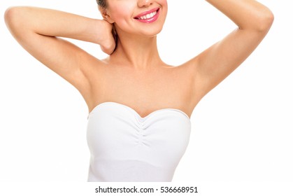 Beautiful Young Woman Holding Her Arms Up And Showing Clean Underarms. Armpit's Care. Armpit Epilation, Hair Removal, Perfect Skin.