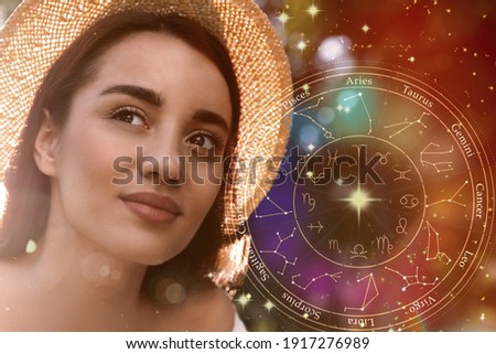 Beautiful young woman and illustration of zodiac wheel with astrological signs on color background