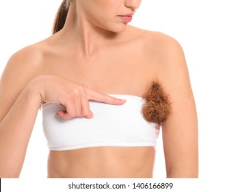 Beautiful Young Woman With Imitation Of Hair Under Arm On White Background. Depilation Concept