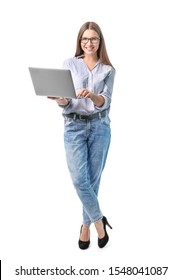 Beautiful Young Woman With Laptop Isolated On White Background. Full Body