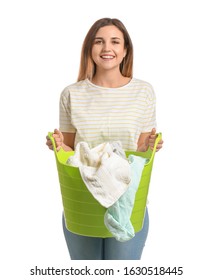 Beautiful Young Woman With Laundry On White Background