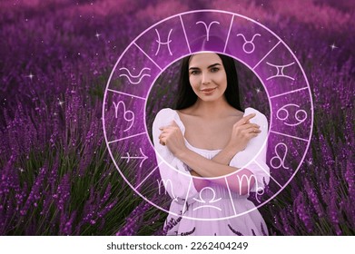 Beautiful young woman in lavender field and zodiac wheel illustration - Shutterstock ID 2262404249