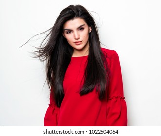 Beautiful Young Woman With Long Black Hair Wearing Red Dress