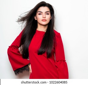 Beautiful Young Woman With Long Black Hair Wearing Red Dress