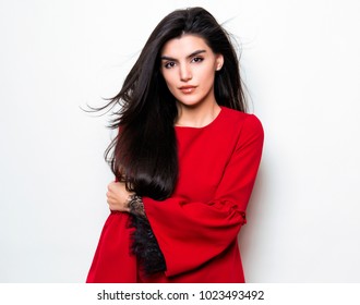 Beautiful Young Woman With Long Black Hair Wearing Red Dress