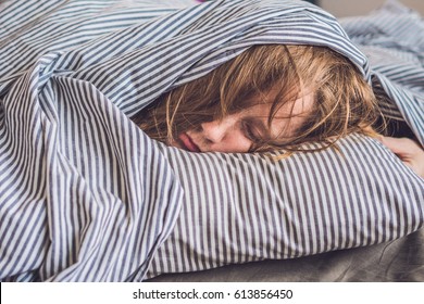 Beautiful Young Woman Lying Down In Bed And Sleeping. Do Not Get Enough Sleep Concept.