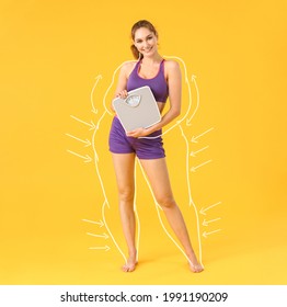 Beautiful young woman with measuring scales after weight loss on color background