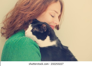 Beautiful Young Woman  With Monochrome Black And White Cat, With Retro Toning